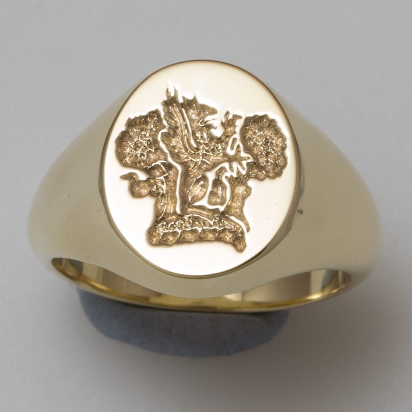 Griffin in oak grove crest engraved signet ring