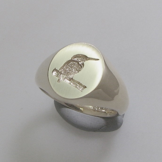 Kingfisher bird crest engraved signet ring