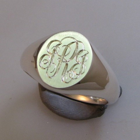 three initials engraved silver signet ring